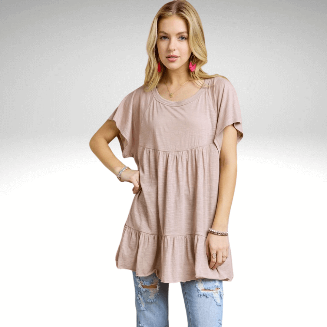 Made in USA Women's Tiered Ruffle Sleeved Cotton Blend Tunic Ultra Lightweight, Wide Round Neck, Loose Fit in Latte Tan | Classy Cozy Cool Made in America Boutique