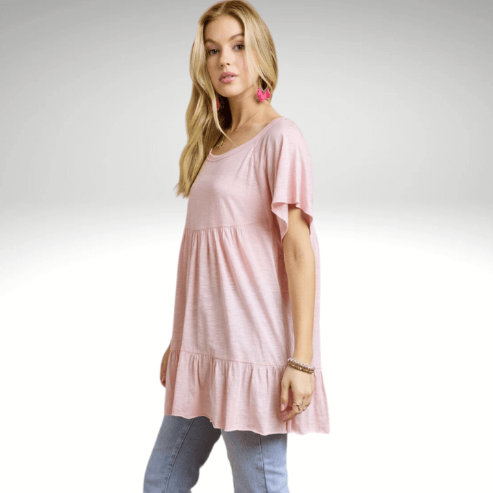 Made in USA Women's Tiered Ruffle Sleeved Cotton Blend Tunic Ultra Lightweight, Wide Round Neck, Loose Fit in Blush Pink | Classy Cozy Cool Made in America Boutique