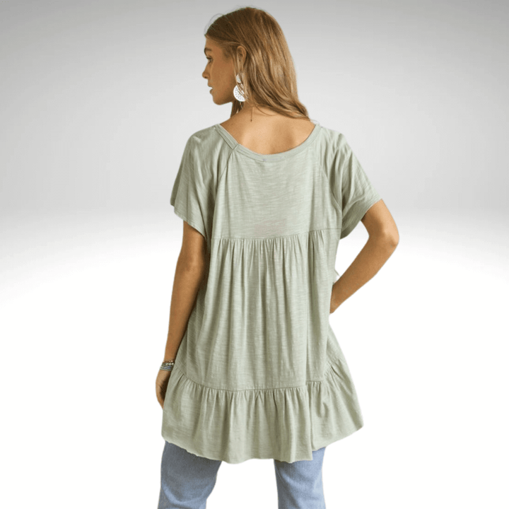 Made in USA Women's Tiered Ruffle Sleeved Cotton Blend Tunic Ultra Lightweight, Wide Round Neck, Loose Fit in Sage | Classy Cozy Cool Made in America Boutique