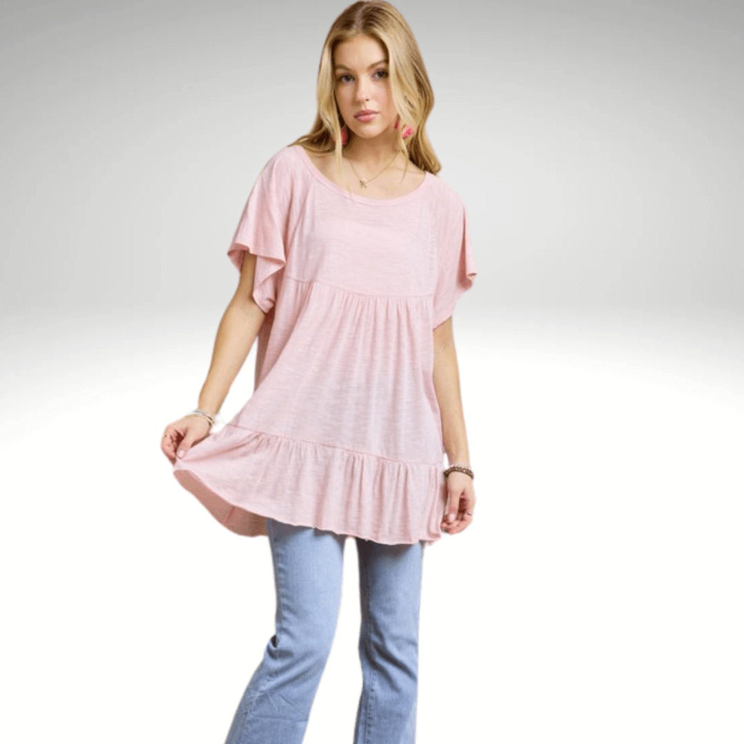 Made in USA Women's Tiered Ruffle Sleeved Cotton Blend Tunic Ultra Lightweight, Wide Round Neck, Loose Fit in Blush Pink | Classy Cozy Cool Made in America Boutique