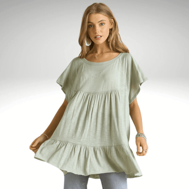 Made in USA Women's Tiered Ruffle Sleeved Cotton Blend Tunic Ultra Lightweight, Wide Round Neck, Loose Fit in Sage | Classy Cozy Cool Made in America Boutique