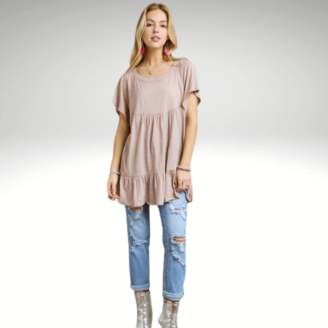 Made in USA Women's Tiered Ruffle Sleeved Cotton Blend Tunic Ultra Lightweight, Wide Round Neck, Loose Fit in Latte Tan | Classy Cozy Cool Made in America Boutique