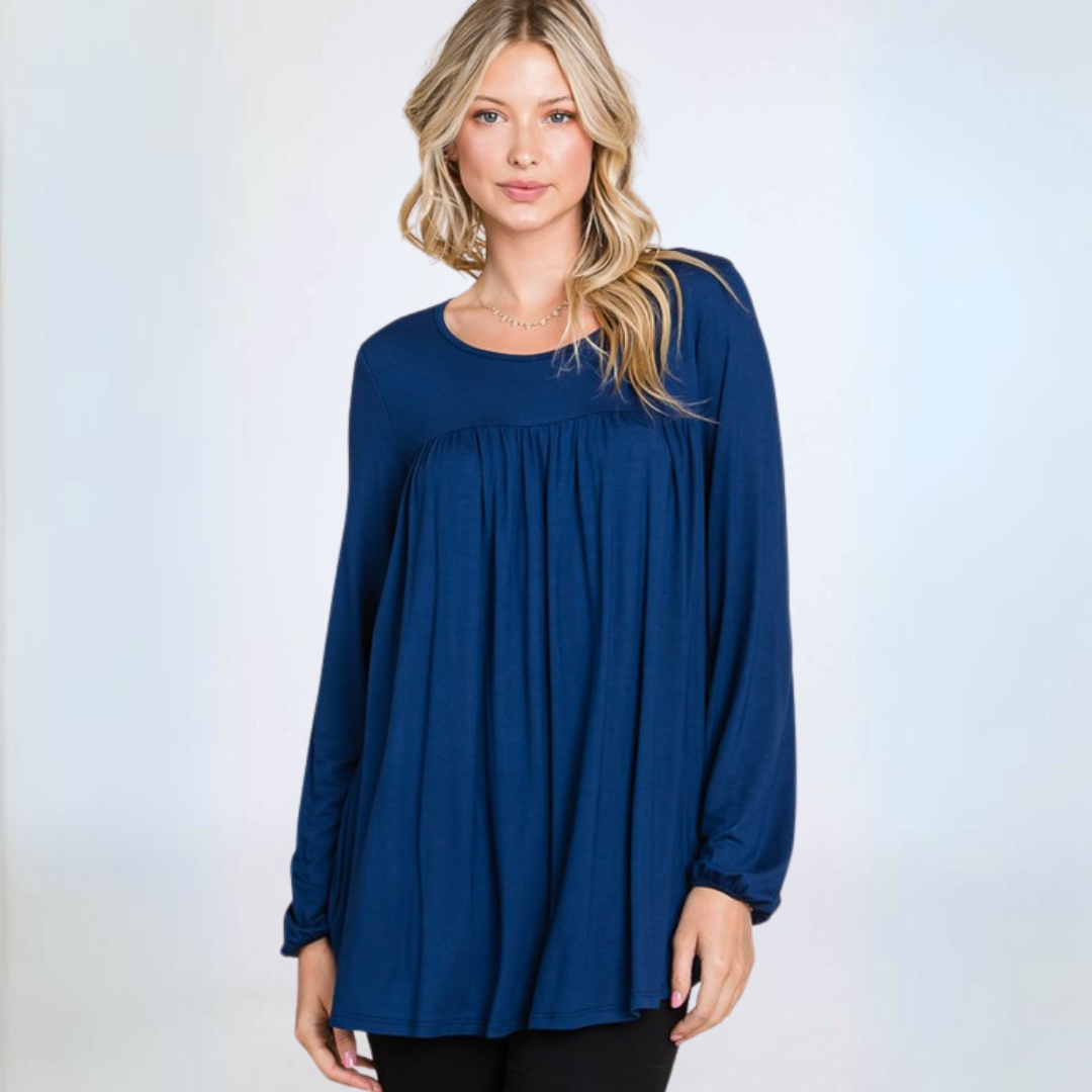 Made in USA Women's Baby Doll Style Tunic, Super Soft Rayon Material, Long Balloon Sleeves with Banded Cuff, Tunic Length in Solid Blue| Classy Cozy Cool Made in America Boutique