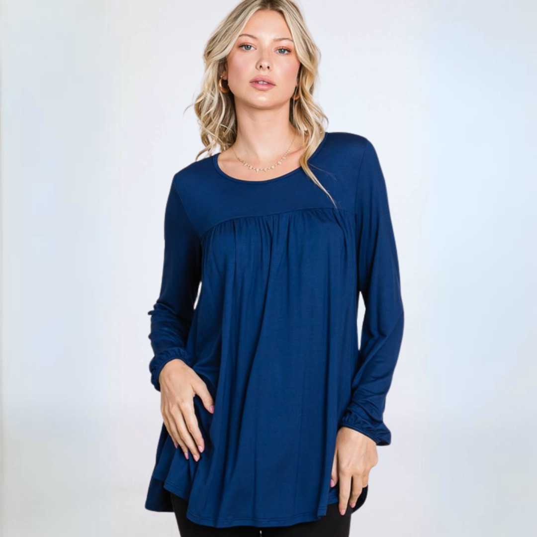 Made in USA Women's Baby Doll Style Tunic, Super Soft Rayon Material, Long Balloon Sleeves with Banded Cuff, Tunic Length in Solid Blue| Classy Cozy Cool Made in America Boutique