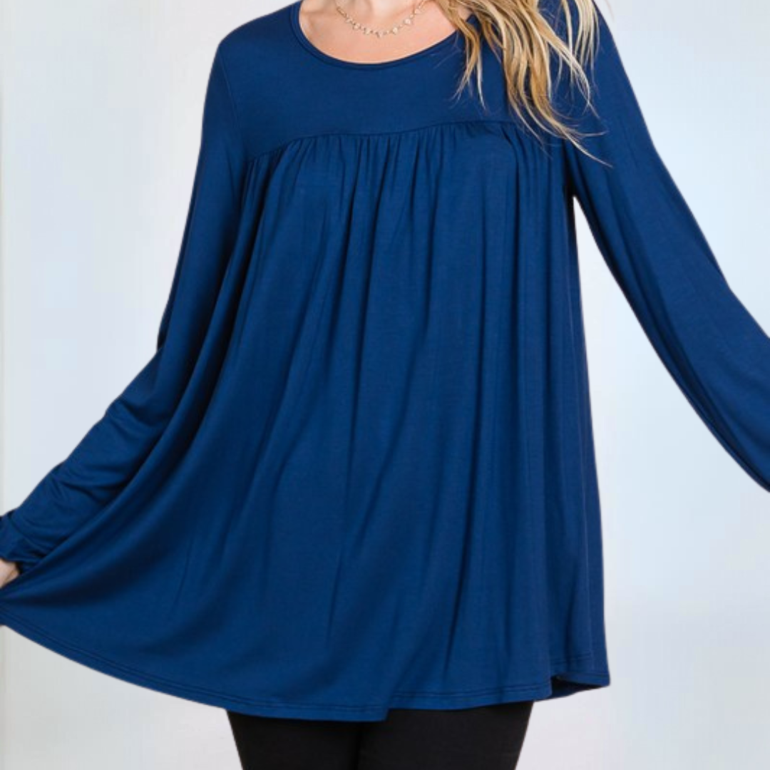 Made in USA Women's Baby Doll Style Tunic, Super Soft Rayon Material, Long Balloon Sleeves with Banded Cuff, Tunic Length in Solid Blue| Classy Cozy Cool Made in America Boutique