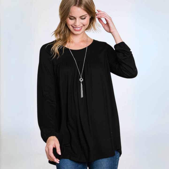 Made in USA Women's Baby Doll Style Tunic, Super Soft Rayon Material, Long Balloon Sleeves with Banded Cuff, Tunic Length in Black | Classy Cozy Cool Made in America Boutique