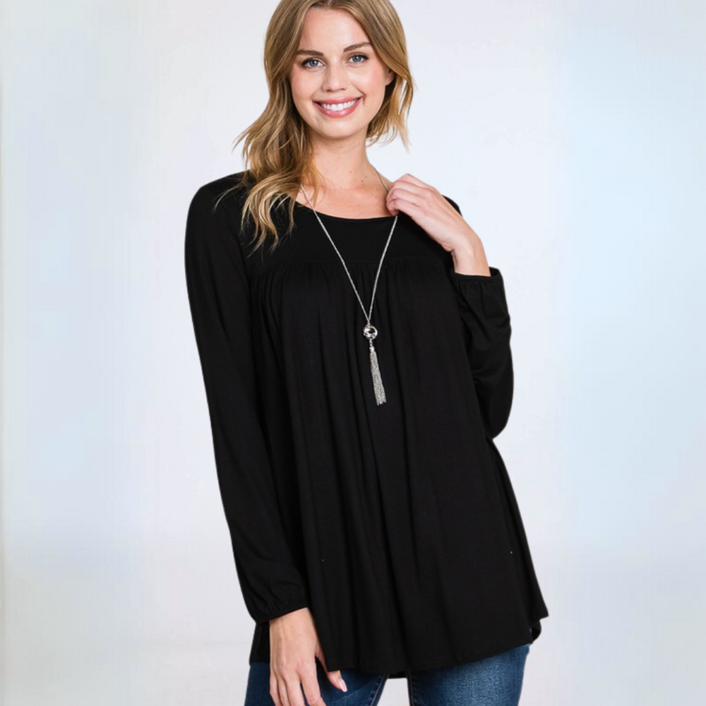 Made in USA Women's Baby Doll Style Tunic, Super Soft Rayon Material, Long Balloon Sleeves with Banded Cuff, Tunic Length in Black | Classy Cozy Cool Made in America Boutique