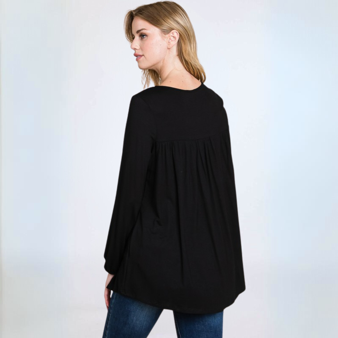 Made in USA Women's Baby Doll Style Tunic, Super Soft Rayon Material, Long Balloon Sleeves with Banded Cuff, Tunic Length in Black | Classy Cozy Cool Made in America Boutique