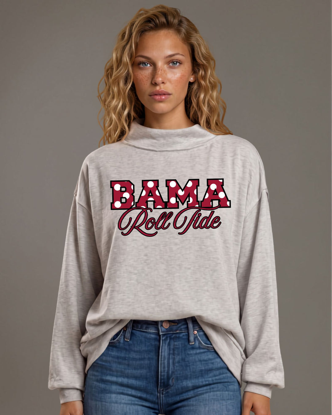 Bama Roll Tide gameday polka dot graphic mock neck sweatshirt in heather grey. Oversized, super soft, made in USA. Perfect gameday top. Sizes S–L.