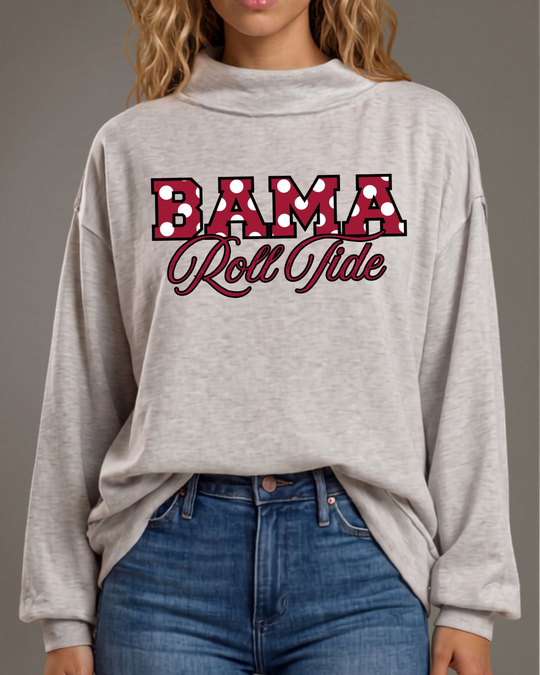 Bama Roll Tide gameday polka dot graphic mock neck sweatshirt in heather grey. Oversized, super soft, made in USA. Perfect gameday top. Sizes S–L.