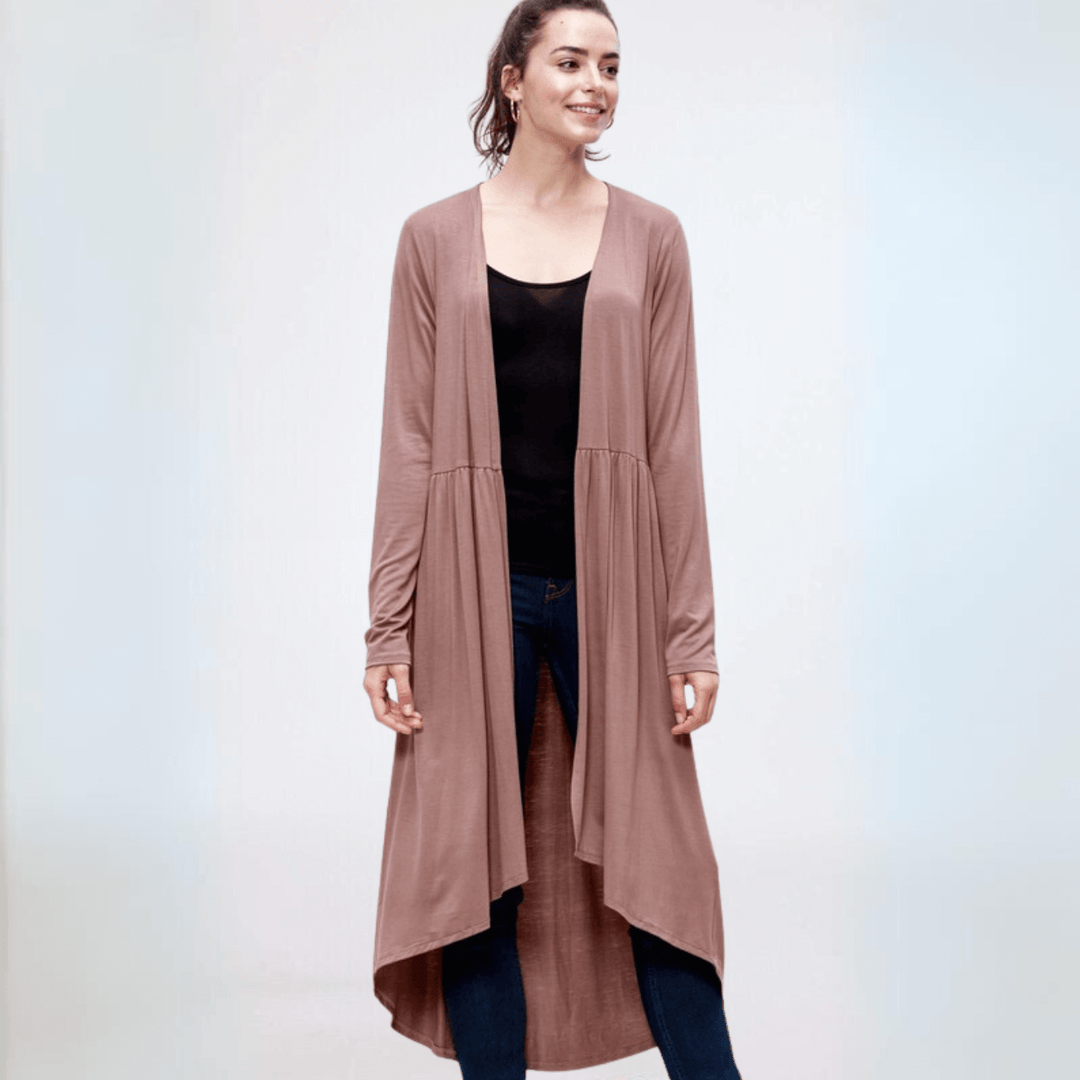 Made in USA Casual, Lightweight & Oh So Soft Open Front Maxi Length Bamboo Duster for All Seasons in Light Camel Brown | Classy Cozy Cool Made in America Boutique