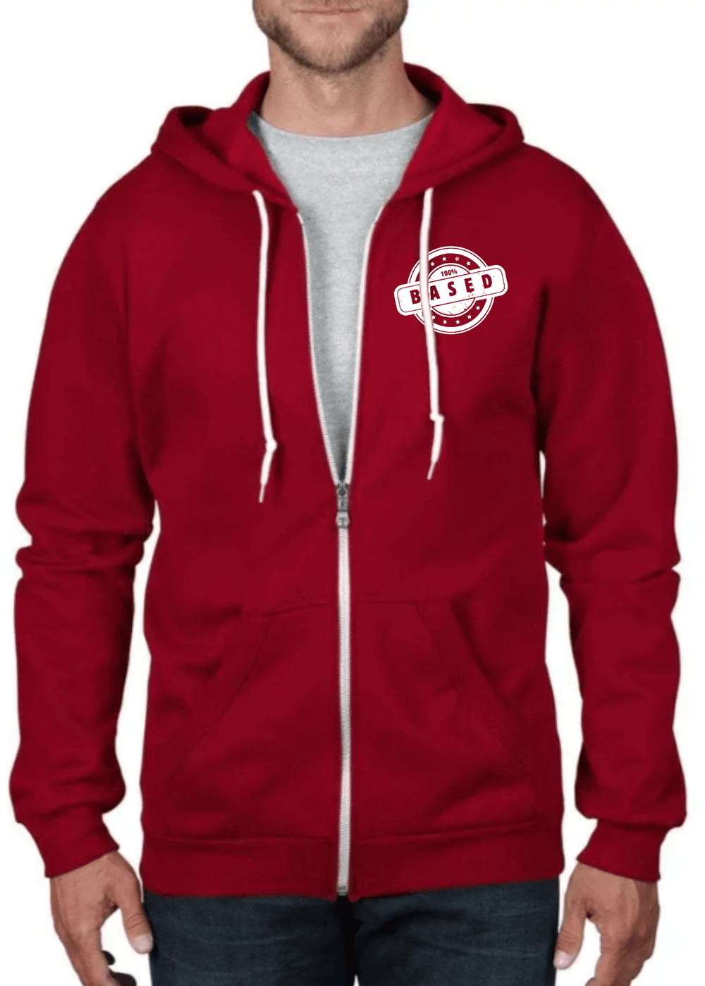 This premium men's hoodie combines comfort with bold statement styling. Crafted from 100% combed ring spun organic cotton fleece, it delivers exceptional softness and durability while maintaining breathability. The front features a striking "100% BASED" graphic, while the back displays "FREEDOM"—perfect for those who value authentic self-expression. The full zip closure allows easy layering and temperature control. Made in the USA with meticulous attention to quality, this hoodie works equally well as a cas