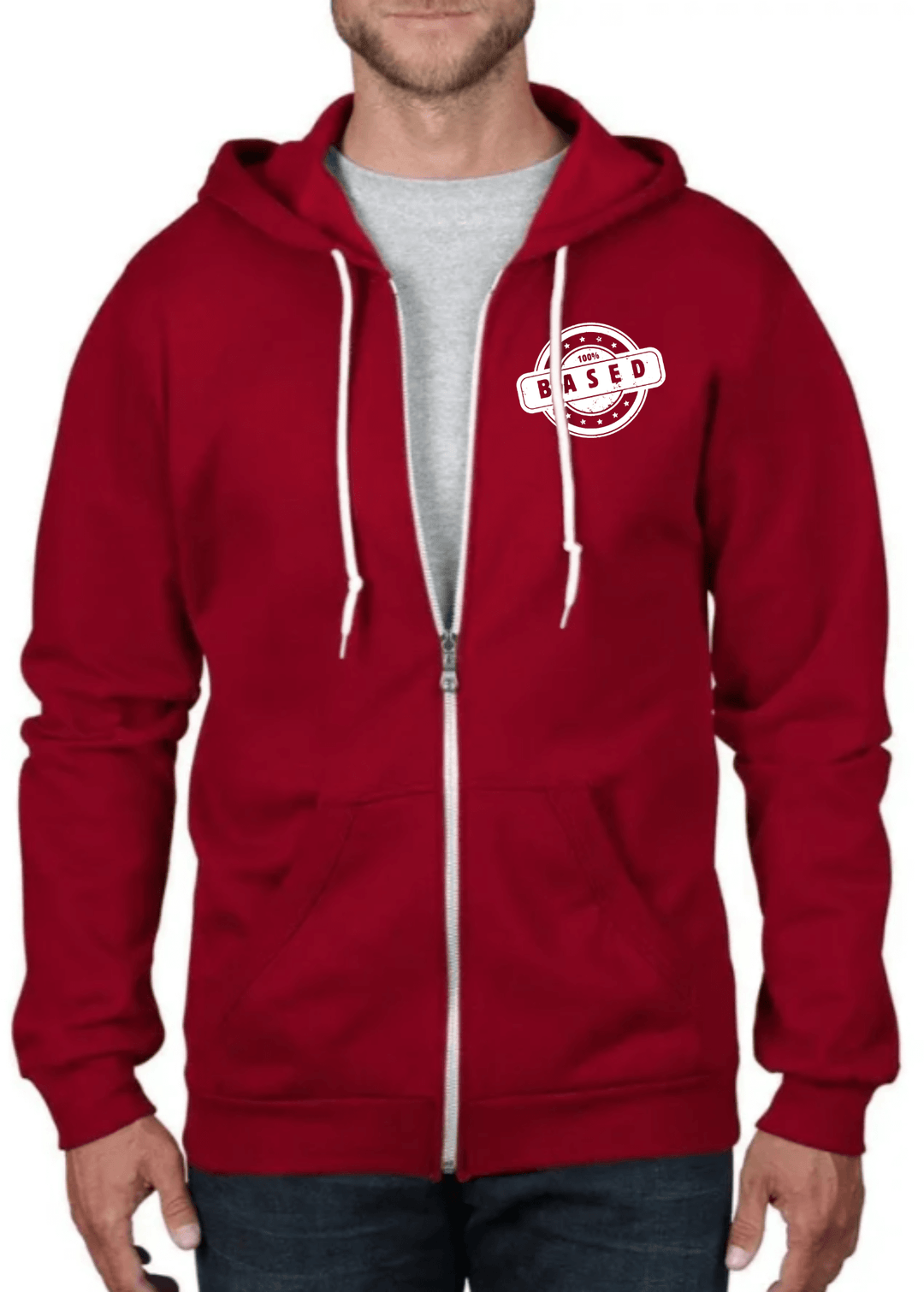 This premium men's hoodie combines comfort with bold statement styling. Crafted from 100% combed ring spun organic cotton fleece, it delivers exceptional softness and durability while maintaining breathability. The front features a striking "100% BASED" graphic, while the back displays "FREEDOM"—perfect for those who value authentic self-expression. The full zip closure allows easy layering and temperature control. Made in the USA with meticulous attention to quality, this hoodie works equally well as a cas