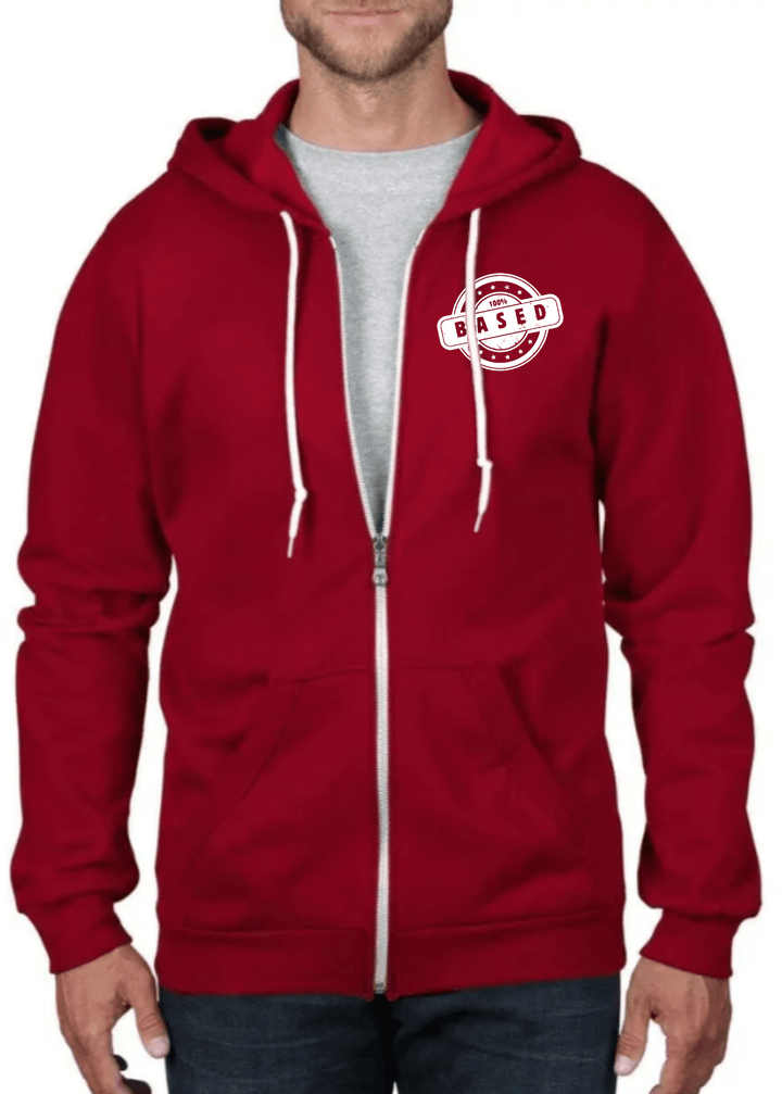 This premium men's hoodie combines comfort with bold statement styling. Crafted from 100% combed ring spun organic cotton fleece, it delivers exceptional softness and durability while maintaining breathability. The front features a striking "100% BASED" graphic, while the back displays "FREEDOM"—perfect for those who value authentic self-expression. The full zip closure allows easy layering and temperature control. Made in the USA with meticulous attention to quality, this hoodie works equally well as a cas