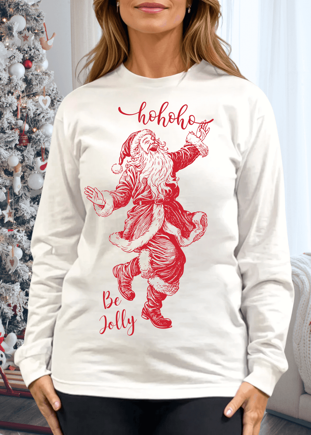 Be Jolly this Holiday Season with this Made in USA Women's Ho Ho Ho Red Santa Christmas Graphic on Long Sleeve 100% Cotton White Tee, 100% Cotton