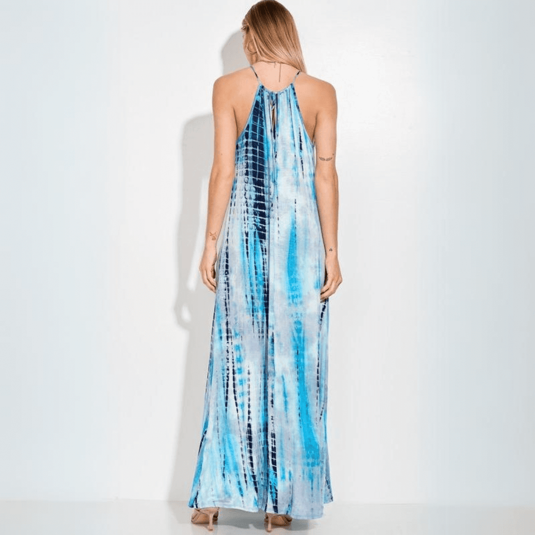 Made in USA Women's Tie Dye Turquoise Halter Style Maxi Dress Adjustable Straps Tie in Back Soft & Comfortable Lightweight Material | Classy Cozy Cool Style D113