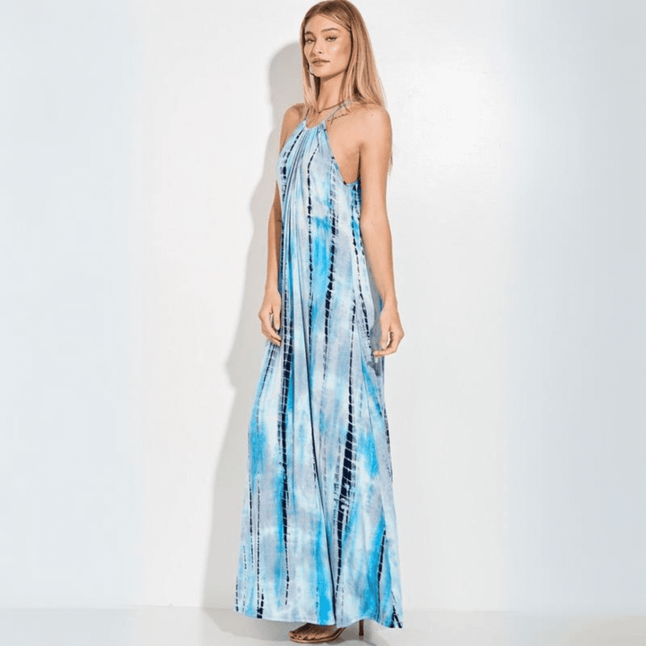 Made in USA Women's Tie Dye Turquoise Halter Style Maxi Dress Adjustable Straps Tie in Back Soft & Comfortable Lightweight Material | Classy Cozy Cool Style D113