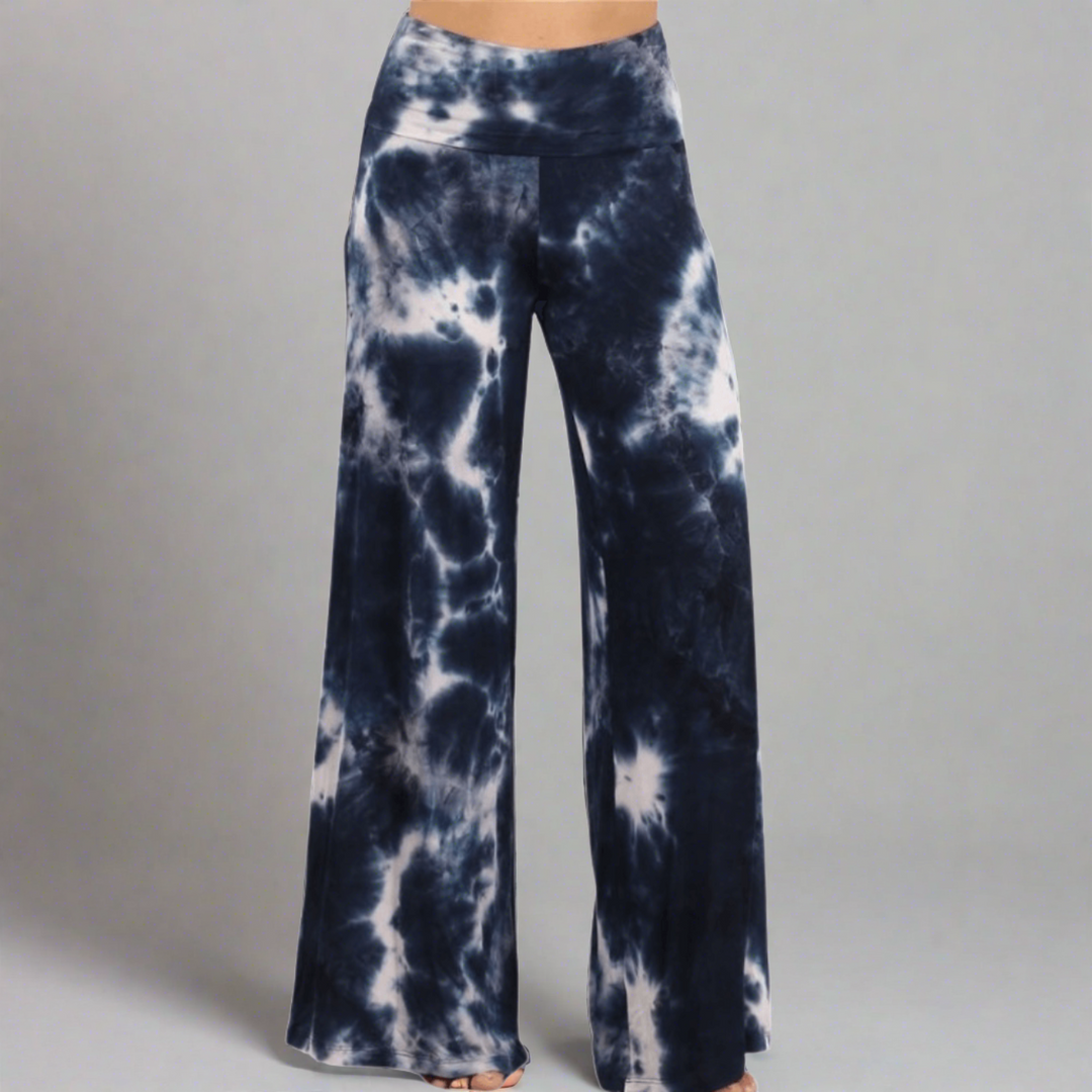 USA Made Women's Navy & White Beach & Lounge Casual Tie Dye Palazzo Pants |  Soft & comfortable design with a wide fold over waistband | Classy Cozy Cool Made in America Boutique