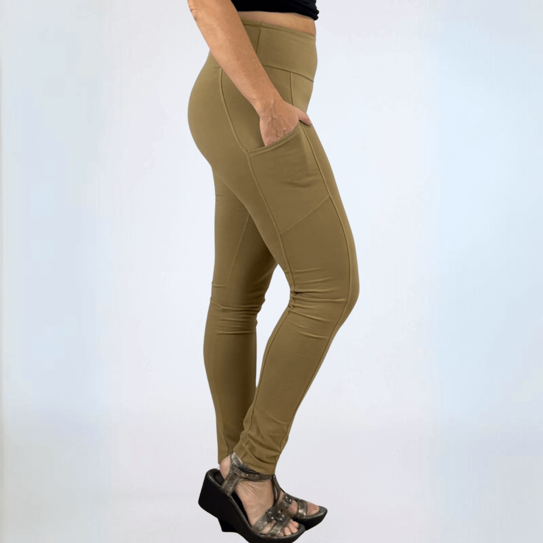 Made in USA Women's Tummy Control Wide Waistband Cotton Spandex Garment Washed Solid Leggings with Large Side Pockets in Beige | Classy Cozy Cool Made in America Boutique