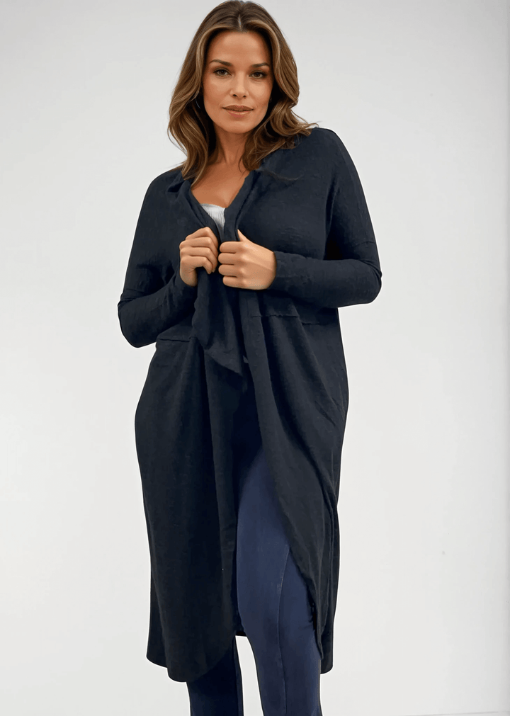 Made in USA Women's Soft Brushed Shawl Collar Cardigan in Black, Lightweight and Plush, Midi Length, Relaxed Fit | Bucket List Style J2012