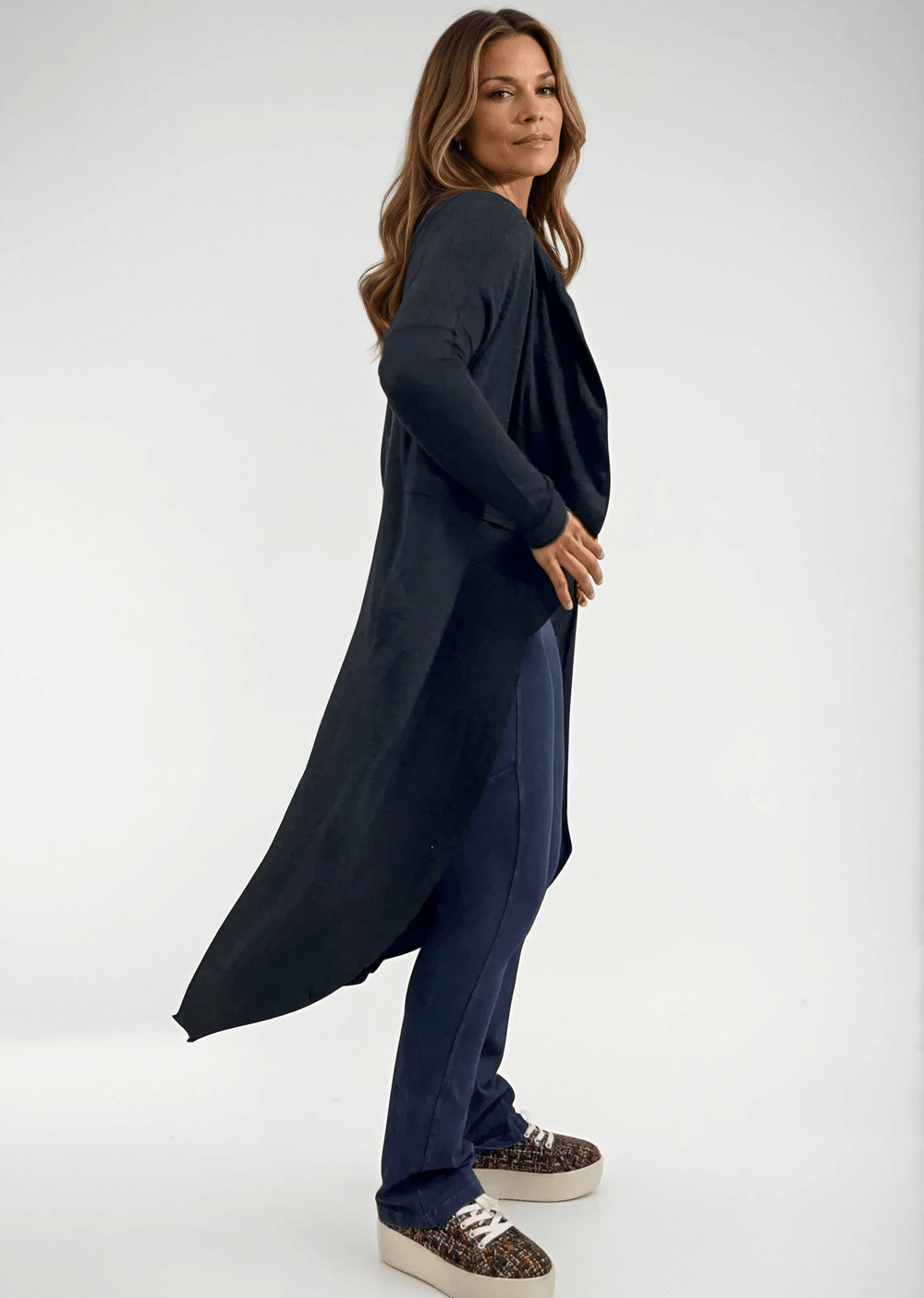 Made in USA Women's Soft Brushed Shawl Collar Cardigan in Black, Lightweight and Plush, Midi Length, Relaxed Fit | Bucket List Style J2012
