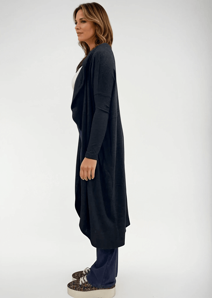 Made in USA Women's Soft Brushed Shawl Collar Cardigan in Black, Lightweight and Plush, Midi Length, Relaxed Fit | Bucket List Style J2012