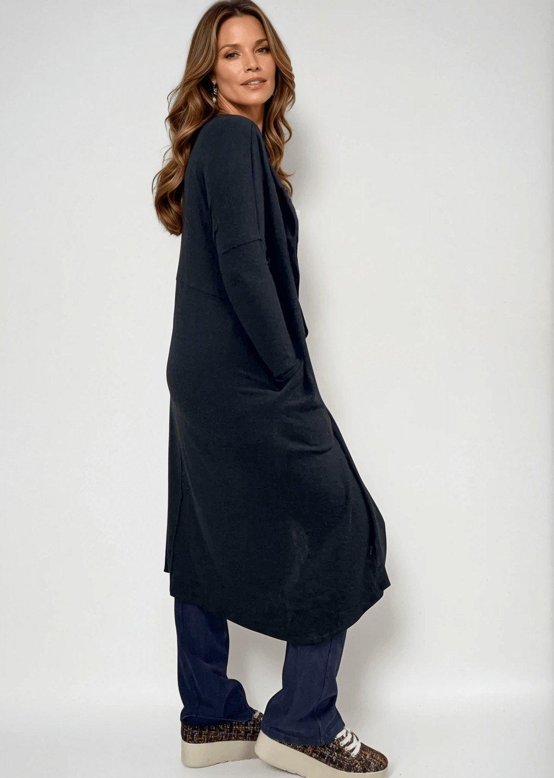 Made in USA Women's Soft Brushed Shawl Collar Cardigan in Black, Lightweight and Plush, Midi Length, Relaxed Fit | Bucket List Style J2012
