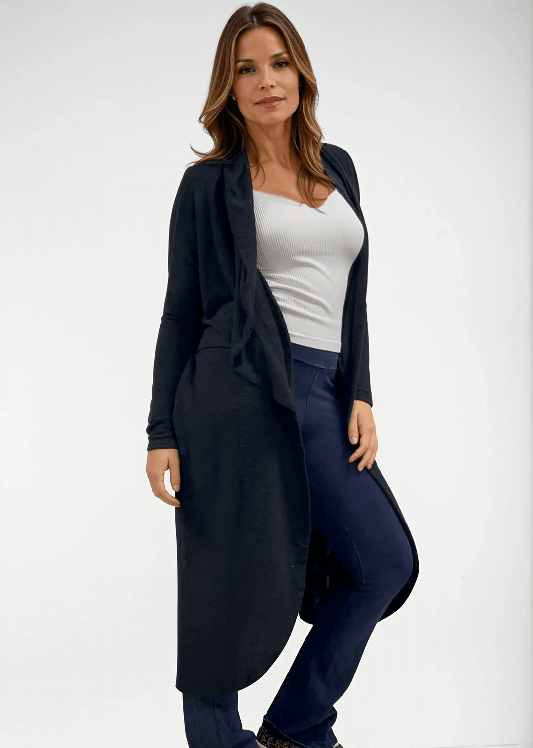 Made in USA Women's Soft Brushed Shawl Collar Cardigan in Black, Lightweight and Plush, Midi Length, Relaxed Fit | Bucket List Style J2012