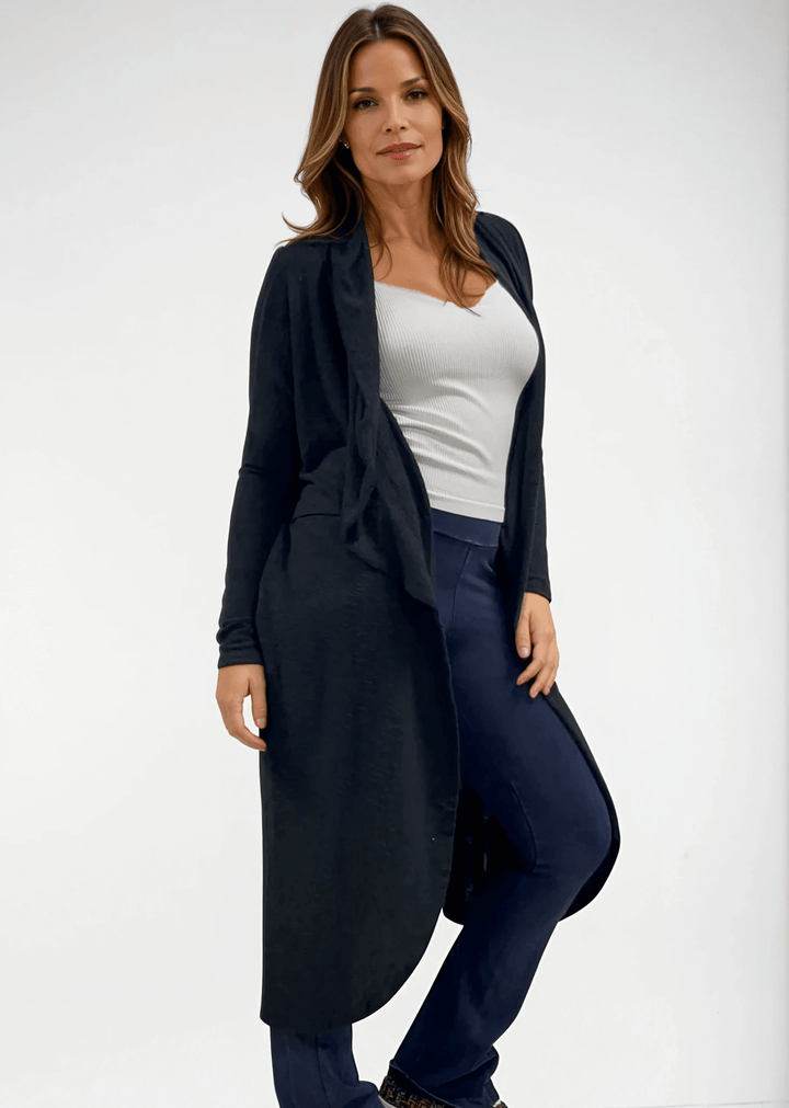 Made in USA Women's Soft Brushed Shawl Collar Cardigan in Black, Lightweight and Plush, Midi Length, Relaxed Fit | Bucket List Style J2012