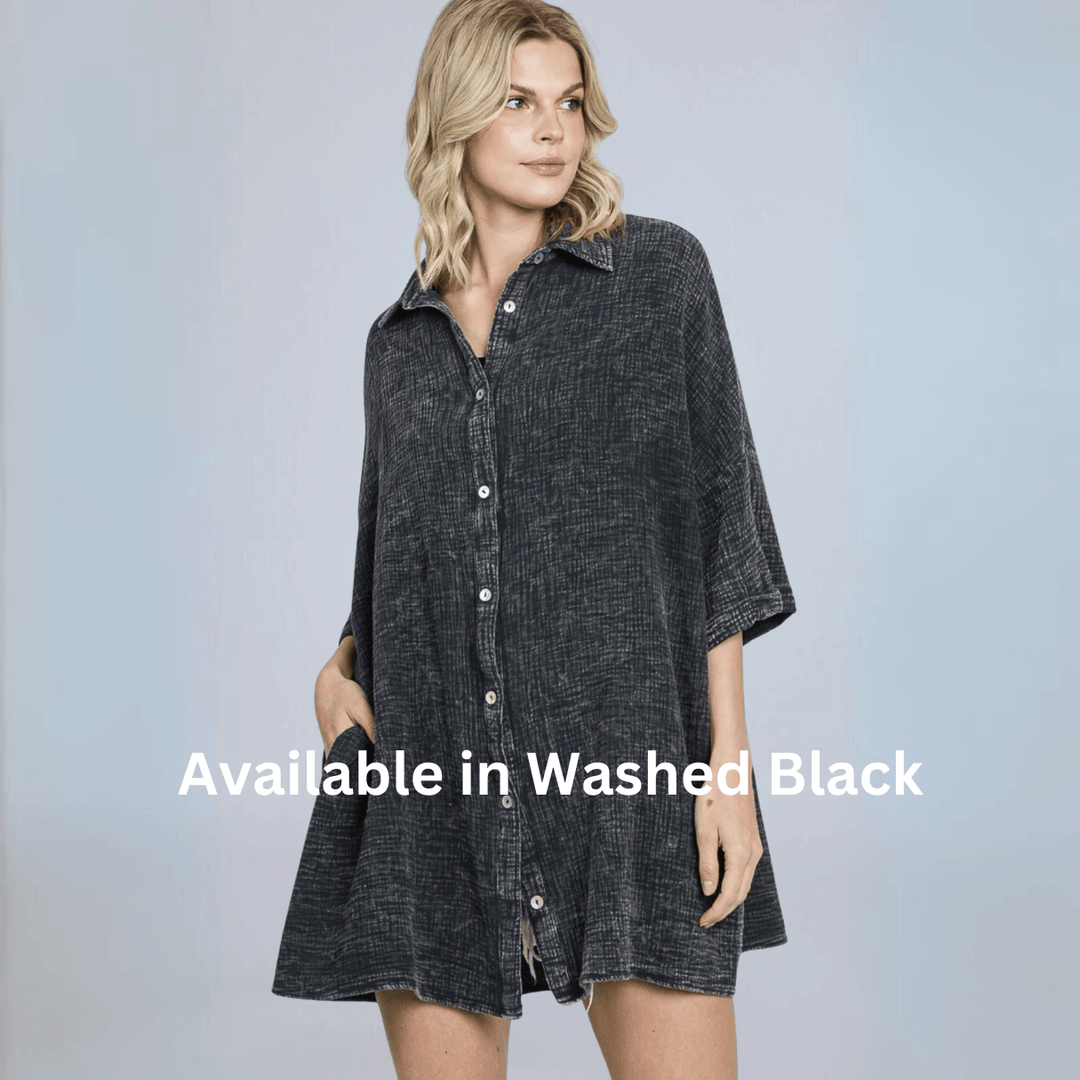 USA Made Women's Soft Mineral Washed Charcoal Black Oversized Cotton Gauze Button Down Tunic Length Long Shirt with Half Sleeves & Side Pockets