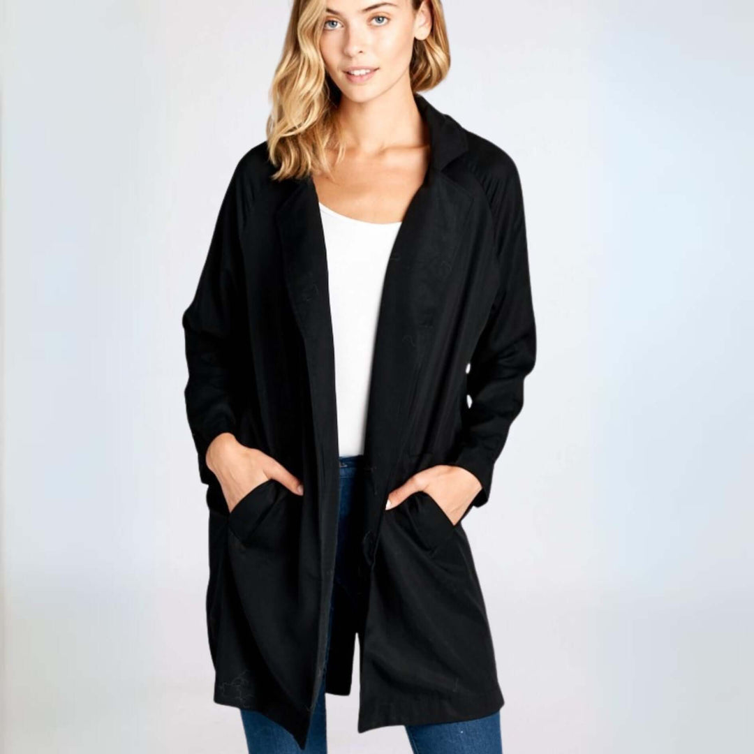 Women's Black Tencel Open Front Jacket | Renee C Style# 1656JK | Made in USA | Classy Cozy Cool Women's Made in America Clothing Boutique