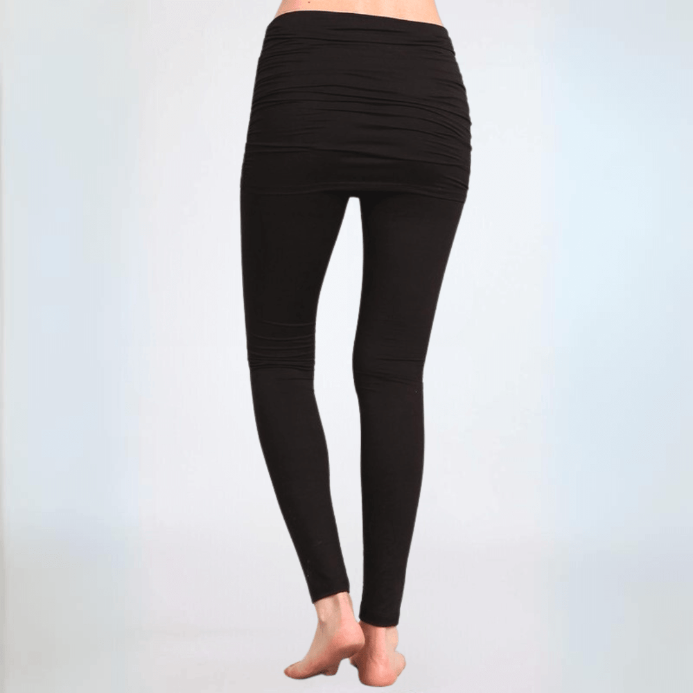 Made in USA Women's Skirted Solid Black Stretchy Soft Leggings with Wide Fold Over Adjustable Waistband and Ruched Detailing on Sides | Classy Cozy Cool Made in America Boutique