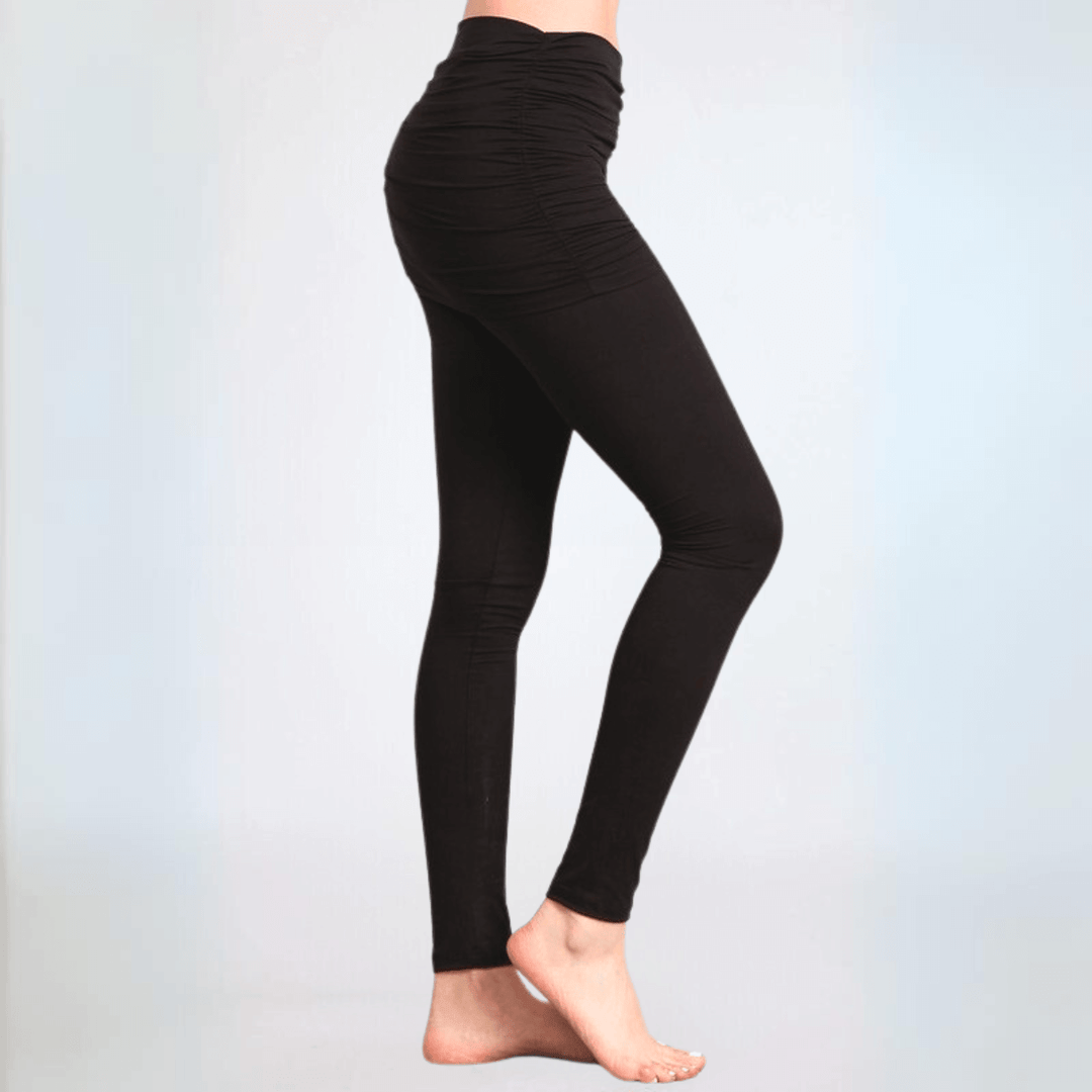 Made in USA Women's Skirted Solid Black Stretchy Soft Leggings with Wide Fold Over Adjustable Waistband and Ruched Detailing on Sides | Classy Cozy Cool Made in America Boutique