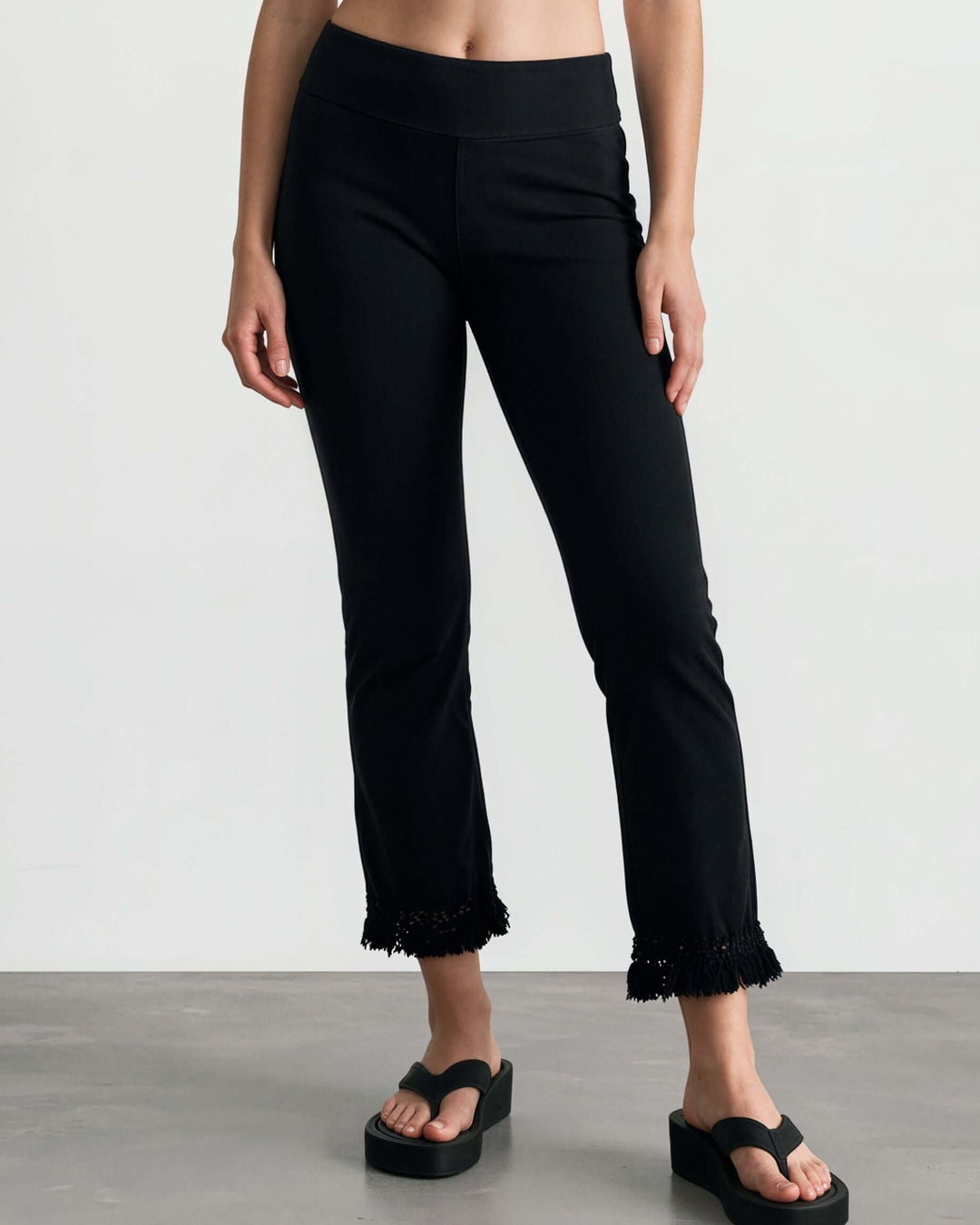 USA Made Women's Misses Mineral Washed Cotton Cropped Straight Leg Pants Jeggings with Crochet Fringed Hem  | P30374 | Classy Cozy Cool Made in USA Boutique 