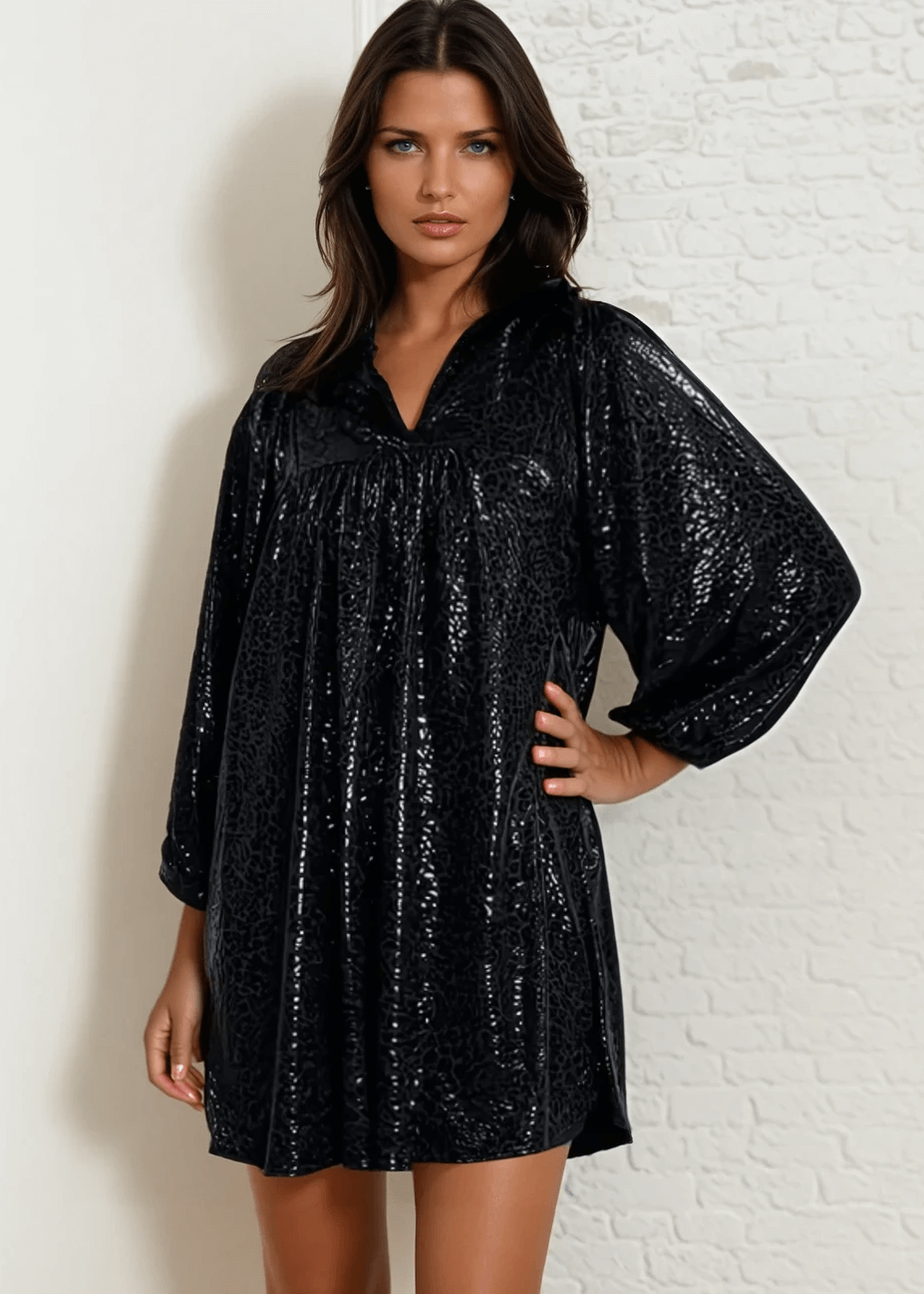 Made in USA Women's Faux Leather Black Cat Embossed Mini Dress, Can be Worn as a Tunic, V-Neck, Stand Collar, Fully Lined, Oversized Fit | Classy Cozy Cool Made in America Boutique