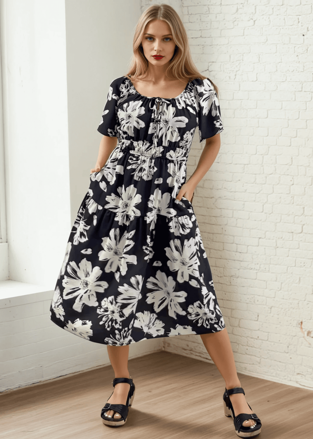 Made in USA Women's Floral Smocked Midi Dress, Short Flutter Sleeves, Square Neck, Off The Shoulder,  Side Pockets, Rayon and Nylon, Machine Wash | Classy Cozy Cool Women's Made in America Boutique
