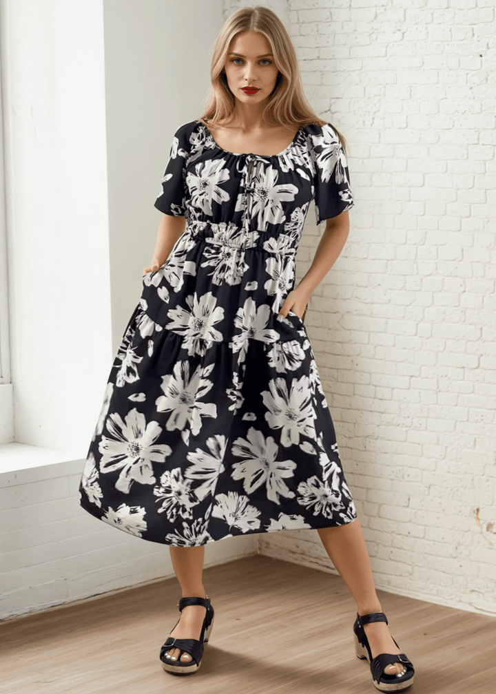 Made in USA Women's Floral Smocked Midi Dress, Short Flutter Sleeves, Square Neck, Off The Shoulder,  Side Pockets, Rayon and Nylon, Machine Wash | Classy Cozy Cool Women's Made in America Boutique