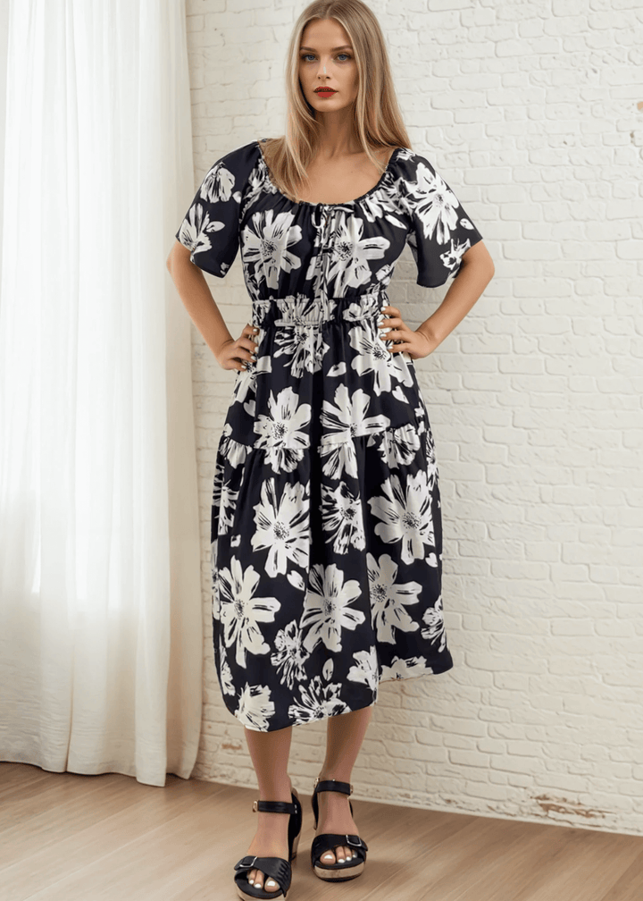 Made in USA Women's Floral Smocked Midi Dress, Short Flutter Sleeves, Square Neck, Off The Shoulder,  Side Pockets, Rayon and Nylon, Machine Wash | Classy Cozy Cool Women's Made in America Boutique