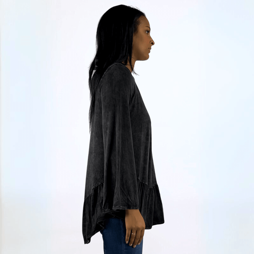 Made in USA Women's Super Soft Mineral Washed Flounce Ruffle Tunic in Black, Long Bell Sleeves, Hand Dyed, Asymmetrical Hem, Longer Length, Relaxed Fit | Classy Cozy Cool Made in America Boutique