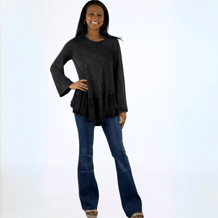 Made in USA Women's Super Soft Mineral Washed Flounce Ruffle Tunic in Black, Long Bell Sleeves, Hand Dyed, Asymmetrical Hem, Longer Length, Relaxed Fit | Classy Cozy Cool Made in America Boutique