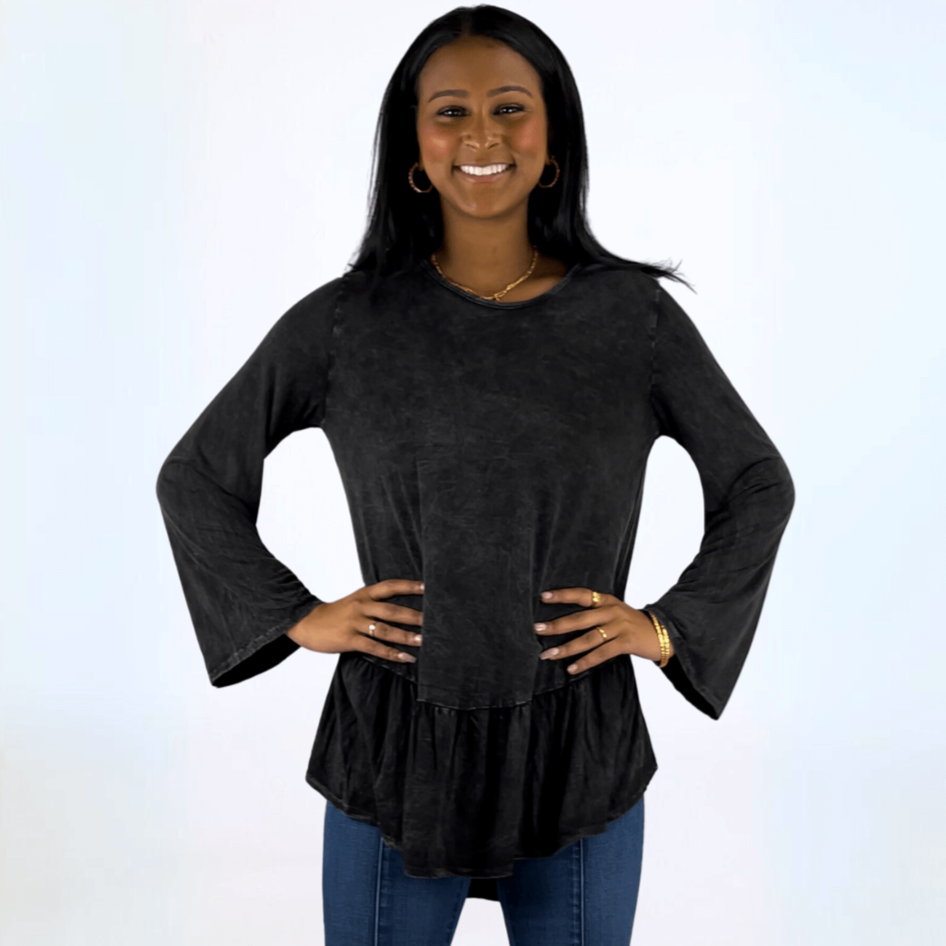 Made in USA Women's Super Soft Mineral Washed Flounce Ruffle Tunic in Black, Long Bell Sleeves, Hand Dyed, Asymmetrical Hem, Longer Length, Relaxed Fit | Classy Cozy Cool Made in America Boutique