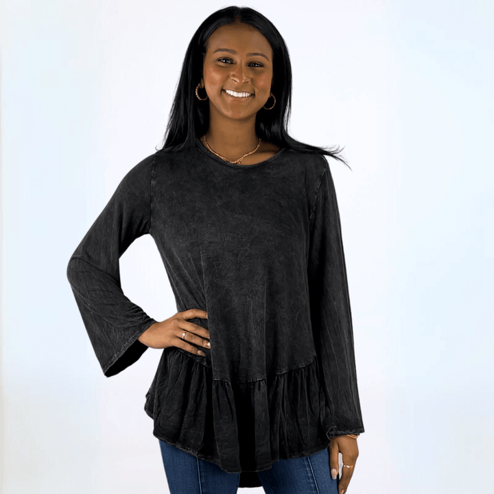 Made in USA Women's Super Soft Mineral Washed Flounce Ruffle Tunic in Black, Long Bell Sleeves, Hand Dyed, Asymmetrical Hem, Longer Length, Relaxed Fit | Classy Cozy Cool Made in America Boutique