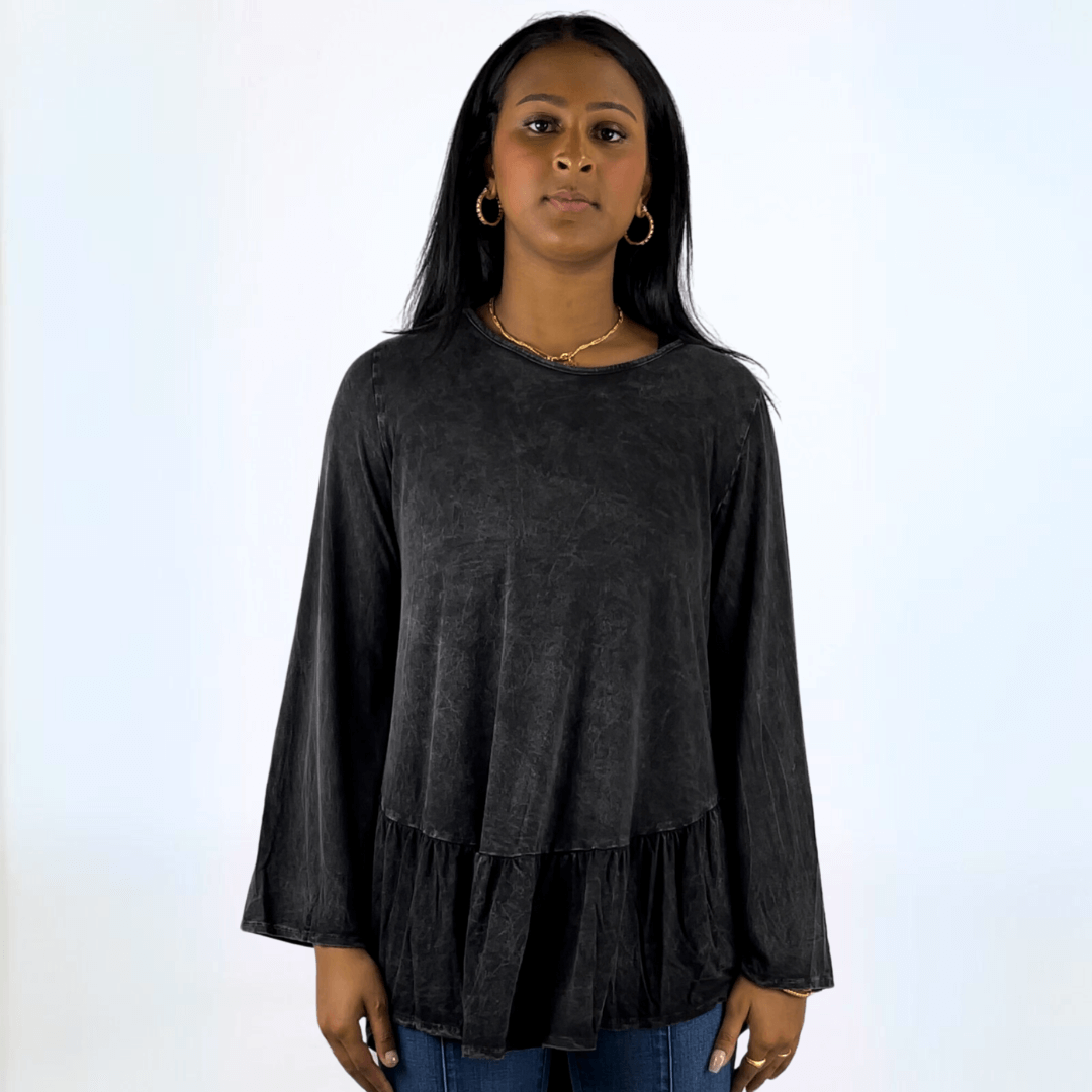 Made in USA Women's Super Soft Mineral Washed Flounce Ruffle Tunic in Black, Long Bell Sleeves, Hand Dyed, Asymmetrical Hem, Longer Length, Relaxed Fit | Classy Cozy Cool Made in America Boutique