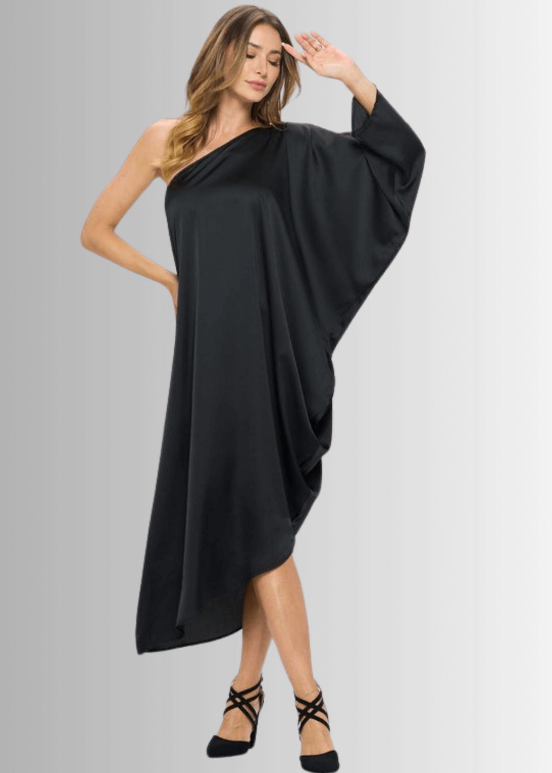 USA Made Ladies One Shoulder Asymmetrical Black Cocktail Dress Classy Cozy Cool | Made in USA | Women's Clothing Boutique USA Made Ladies One Shoulder Asymmetrical Black Cocktail Dress Classy Cozy Cool | Made in USA | Women's Clothing Boutique