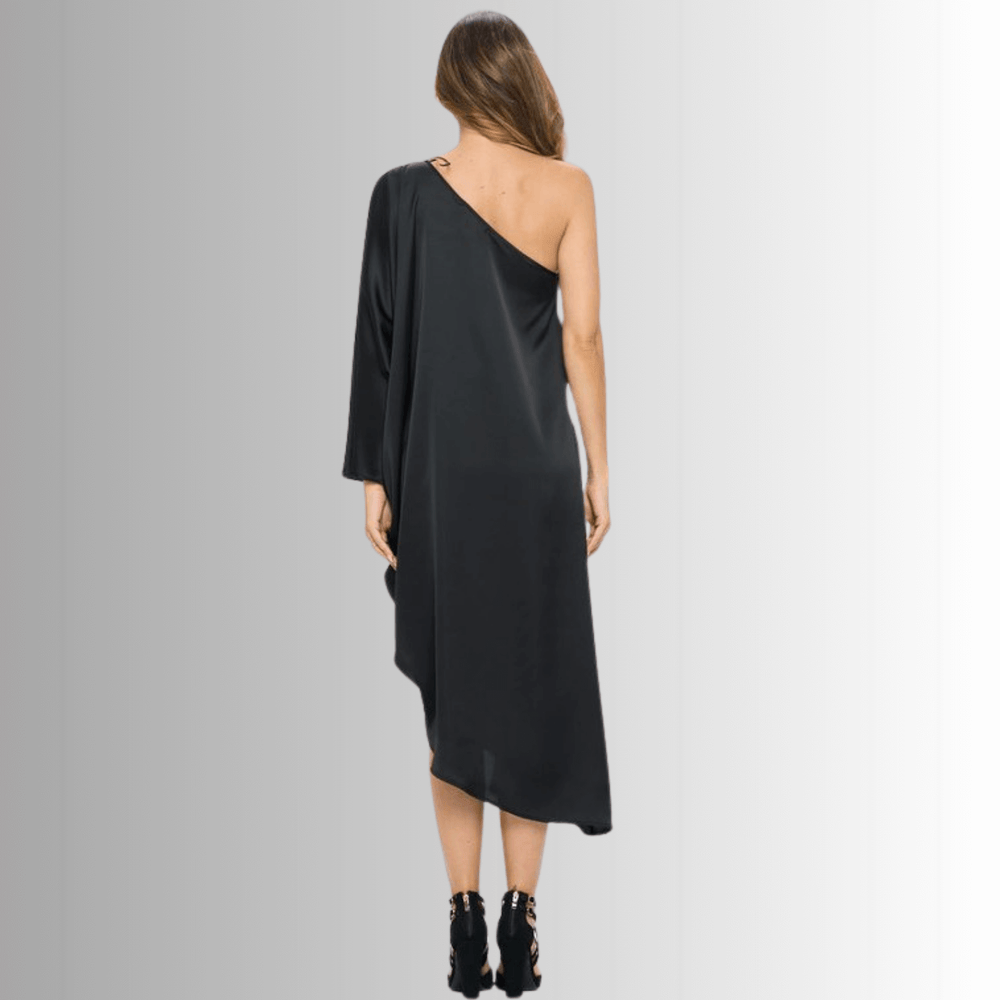 One Shoulder Black Satin Material Asymmetrical Hemline Elegant Evening Cocktail Dress | Made in USA | Renee C Style 4622DR | Classy Cozy Cool Women's Made in America Clothing Boutique