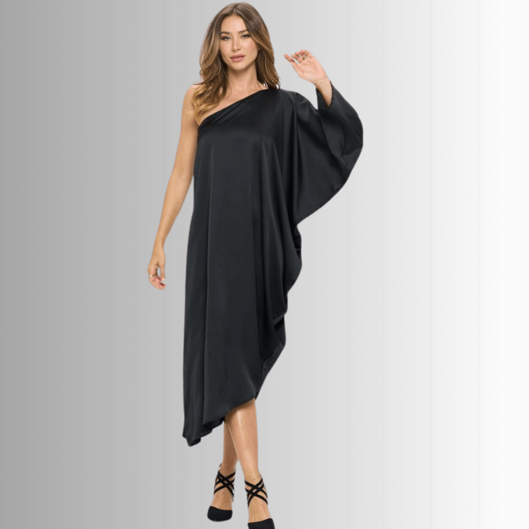 One Shoulder Black Satin Material Asymmetrical Hemline Elegant Evening Cocktail Dress | Made in USA | Renee C Style 4622DR | Classy Cozy Cool Women's Made in America Clothing Boutique