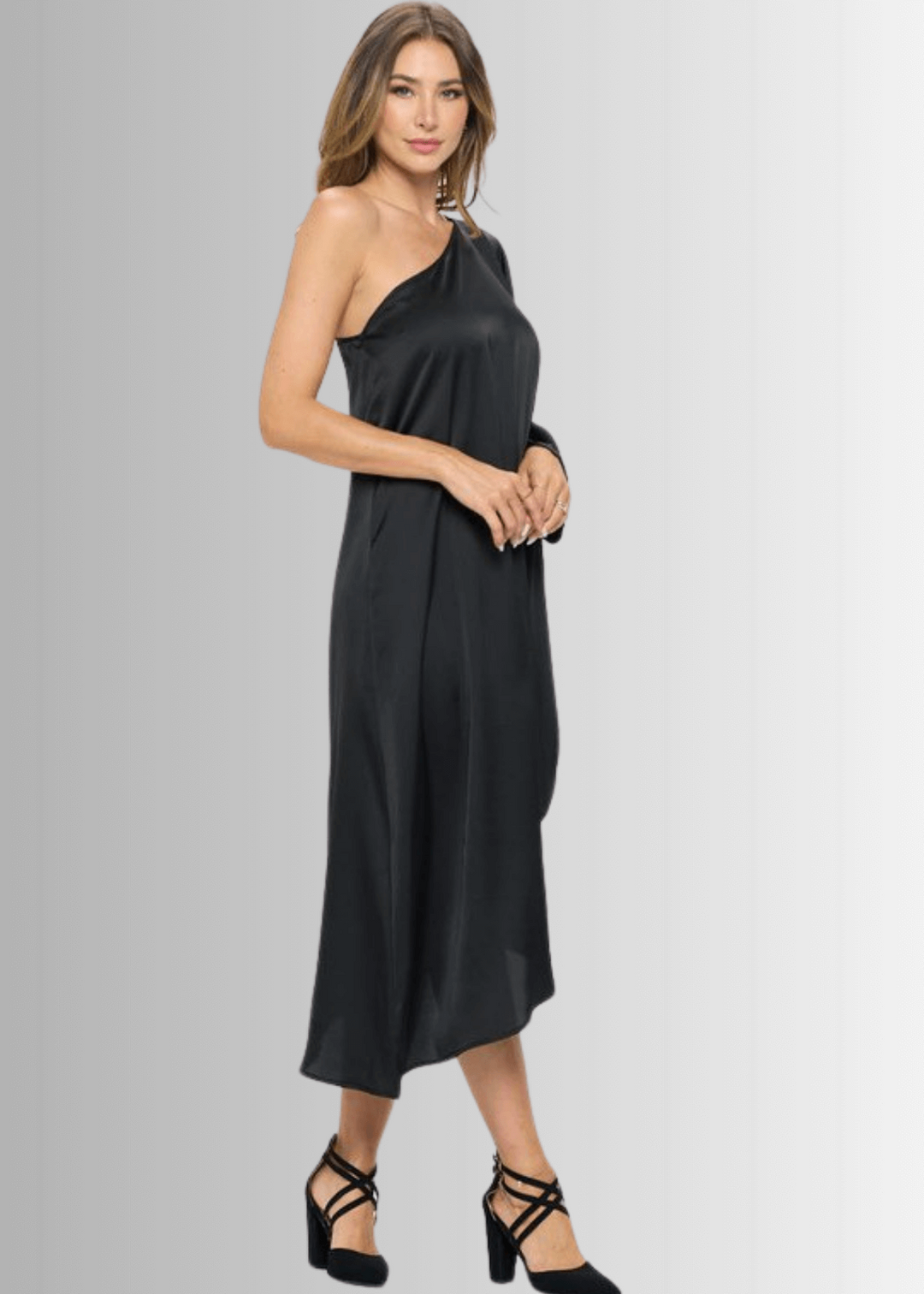 USA Made Ladies One Shoulder Asymmetrical Black Cocktail Dress – Classy Cozy Cool