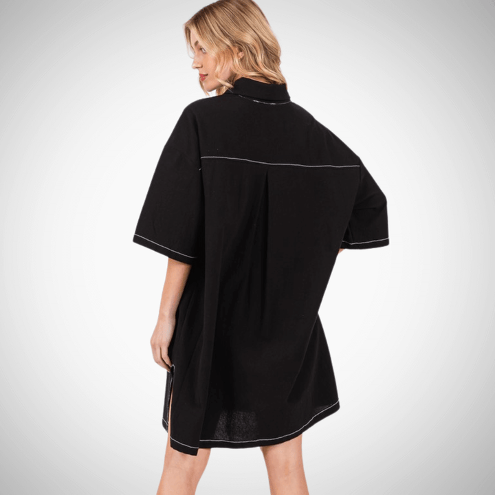 Made in USA Women's Oversized Black Shirt Dress with White Stitch Detail, Front Pocket, Button Down, Collared | Classy Cozy Cool Made in America Boutique