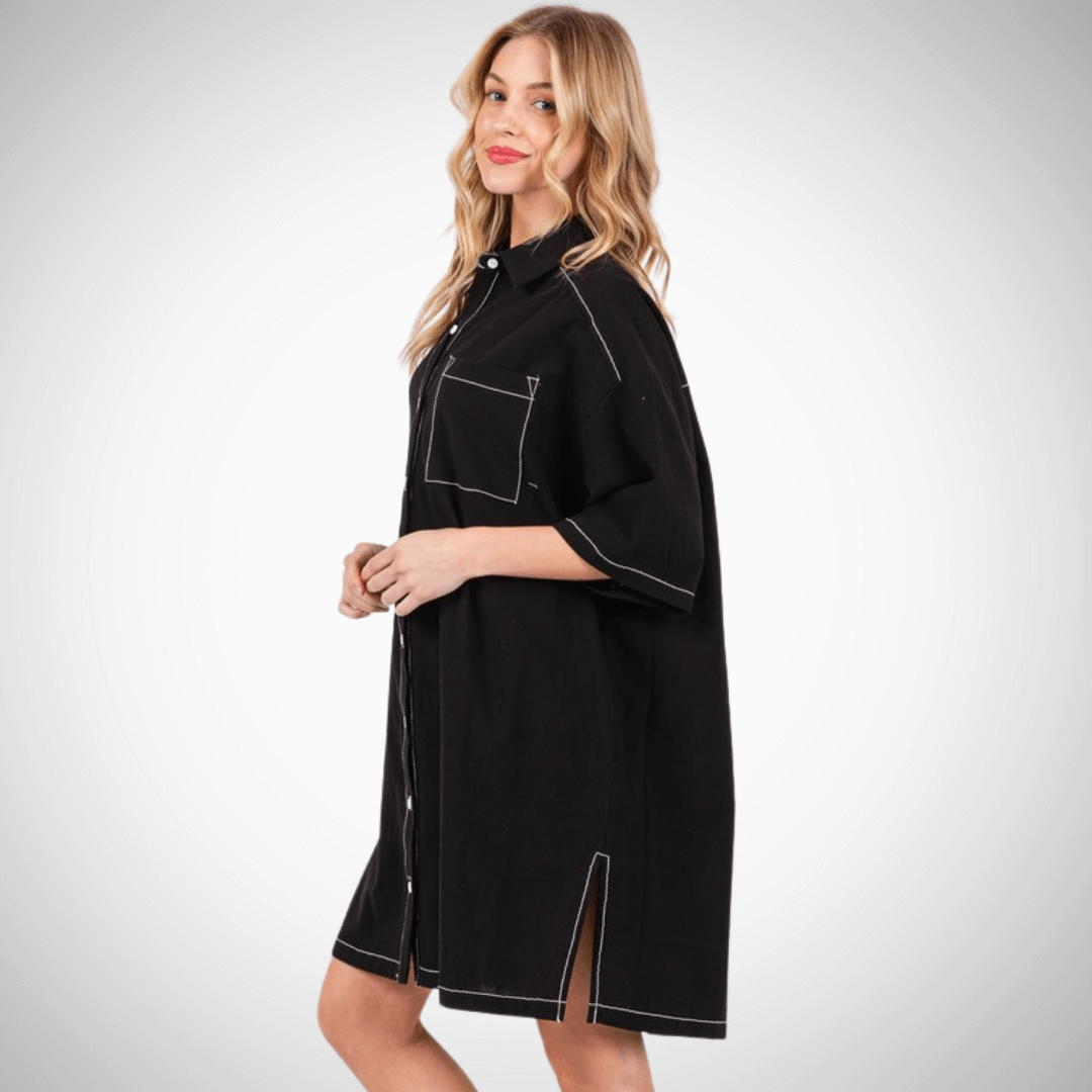 Made in USA Women's Oversized Black Shirt Dress with White Stitch Detail, Front Pocket, Button Down, Collared | Classy Cozy Cool Made in America Boutique