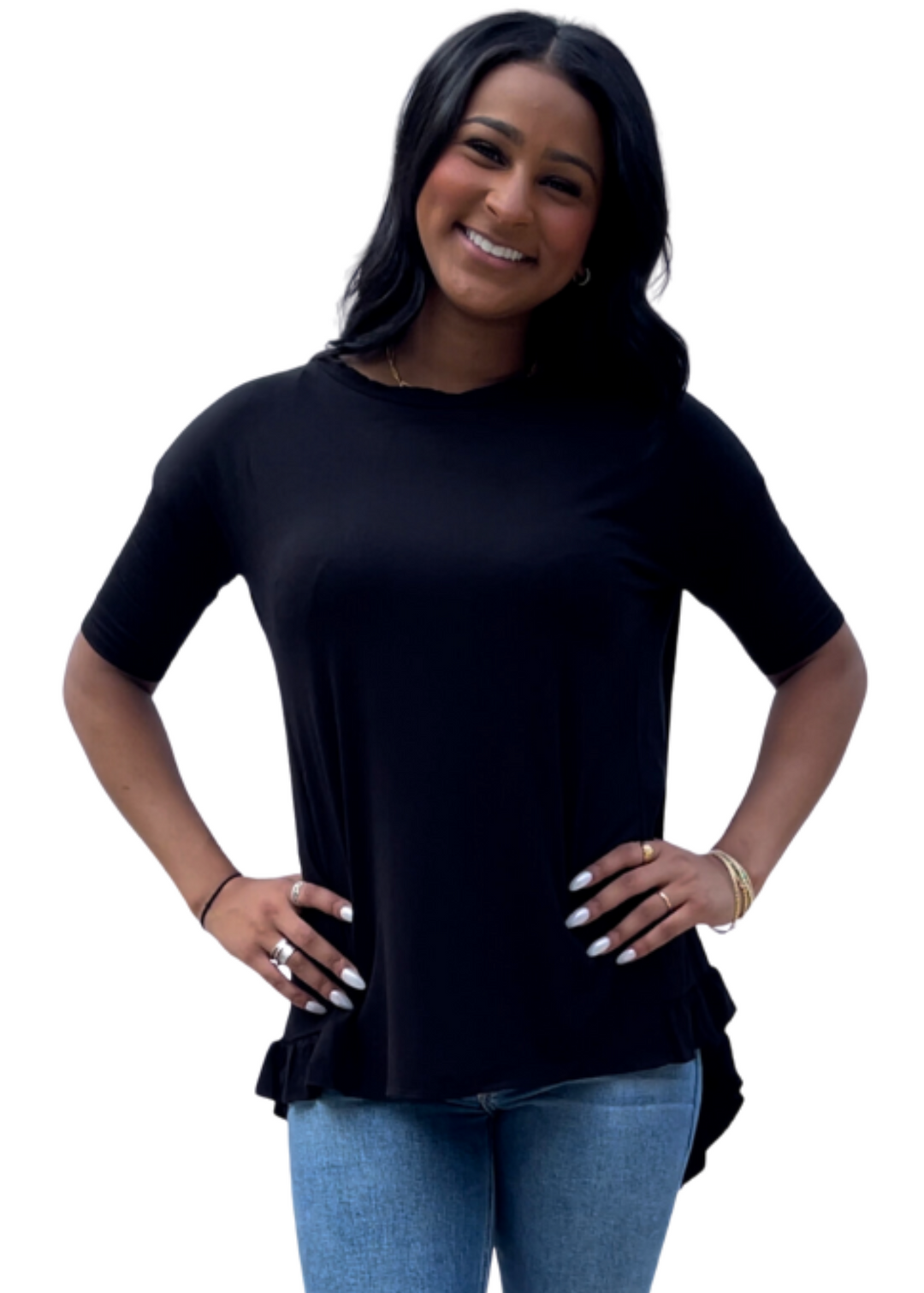 Made in USA Women's Bamboo Ruffle Hem Short Sleeve High Low Tunic Top with Boat Neckline in Black | Classy Cozy Cool Made in America Boutique